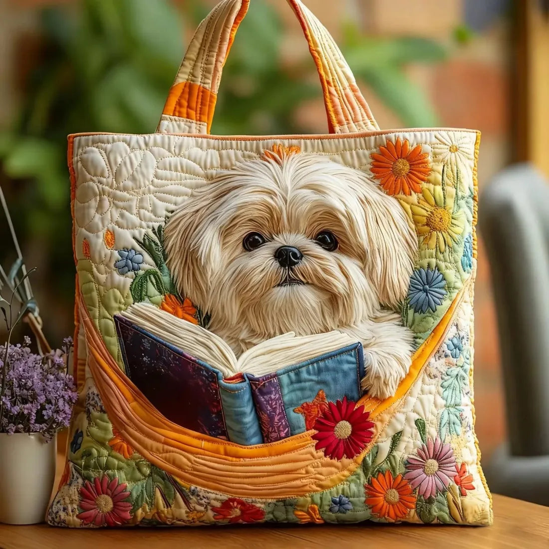 Kézzel készített táska - Shih Tzu könyvekkel és virágokkal